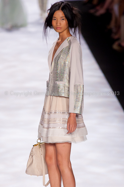 A model on the runway at the Badgley Mischka SS2013 show at New York Mercedes-Benz Fashion Week.