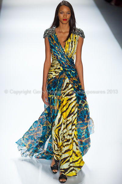 A model on the runway at the Carlos Miele SS2013 show at New York Mercedes-Benz Fashion Week.