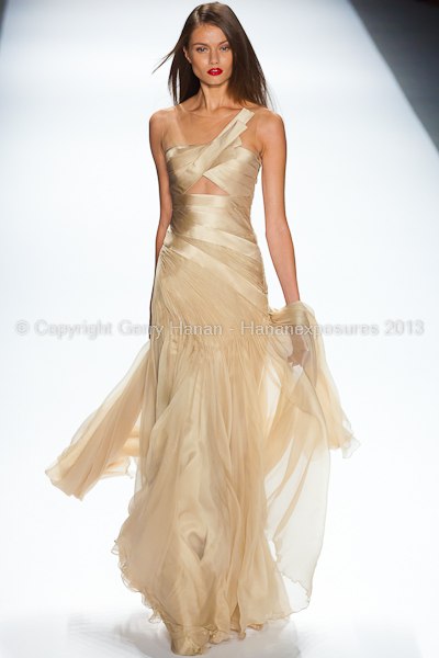 A model on the runway at the Carlos Miele SS2013 show at New York Mercedes-Benz Fashion Week.