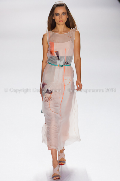 A model on the runway at the Carolina Herrera SS2013 show at New York Mercedes-Benz Fashion Week.