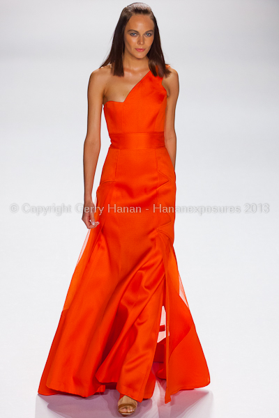 A model on the runway at the Carolina Herrera SS2013 show at New York Mercedes-Benz Fashion Week.