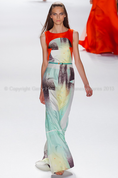 A model on the runway at the Carolina Herrera SS2013 show at New York Mercedes-Benz Fashion Week.