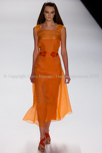 A model on the runway at the Carolina Herrera SS2013 show at New York Mercedes-Benz Fashion Week.