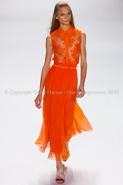 A model on the runway at the Carolina Herrera SS2013 show at New York Mercedes-Benz Fashion Week.