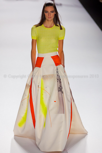 A model on the runway at the Carolina Herrera SS2013 show at New York Mercedes-Benz Fashion Week.