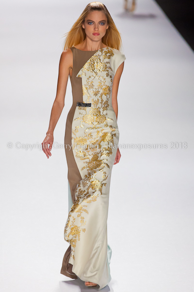 A model on the runway at the Carolina Herrera SS2013 show at New York Mercedes-Benz Fashion Week.