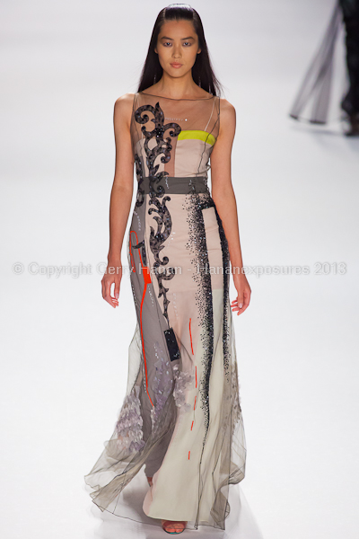 A model on the runway at the Carolina Herrera SS2013 show at New York Mercedes-Benz Fashion Week.