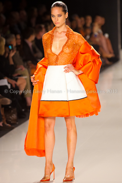 A model on the runway at the Chado Ralph Rucci SS2013 show at New York Mercedes-Benz Fashion Week.
