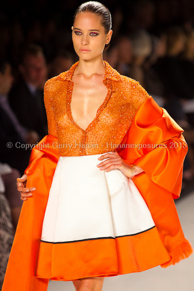 A model on the runway at the Chado Ralph Rucci SS2013 show at New York Mercedes-Benz Fashion Week.