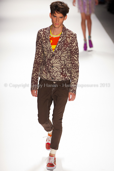 A model on the runway at the Custo Barcelona SS2013 show at New York Mercedes-Benz Fashion Week.