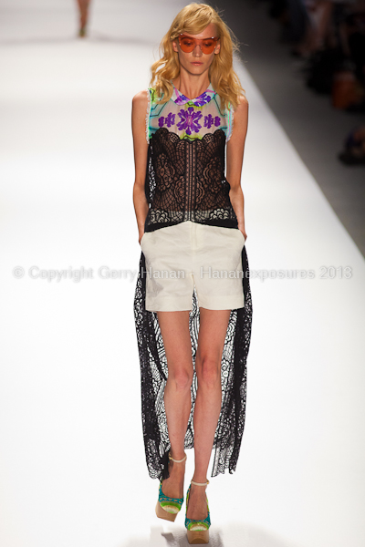 A model on the runway at the Custo Barcelona SS2013 show at New York Mercedes-Benz Fashion Week.