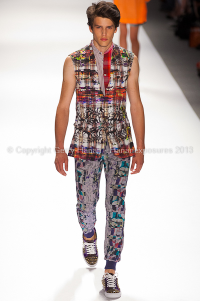 A model on the runway at the Custo Barcelona SS2013 show at New York Mercedes-Benz Fashion Week.