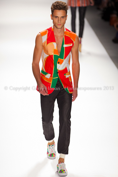 A model on the runway at the Custo Barcelona SS2013 show at New York Mercedes-Benz Fashion Week.