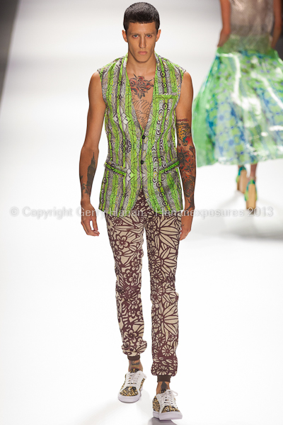 A model on the runway at the Custo Barcelona SS2013 show at New York Mercedes-Benz Fashion Week.