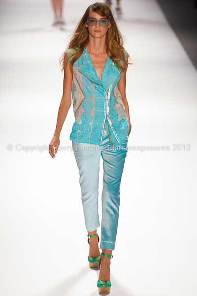 A model on the runway at the Custo Barcelona SS2013 show at New York Mercedes-Benz Fashion Week.