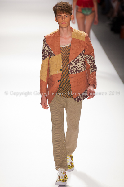 A model on the runway at the Custo Barcelona SS2013 show at New York Mercedes-Benz Fashion Week.