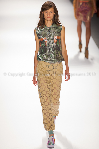 A model on the runway at the Custo Barcelona SS2013 show at New York Mercedes-Benz Fashion Week.