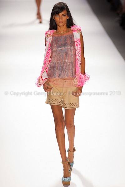 A model on the runway at the Custo Barcelona SS2013 show at New York Mercedes-Benz Fashion Week.