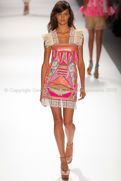 A model on the runway at the Custo Barcelona SS2013 show at New York Mercedes-Benz Fashion Week.