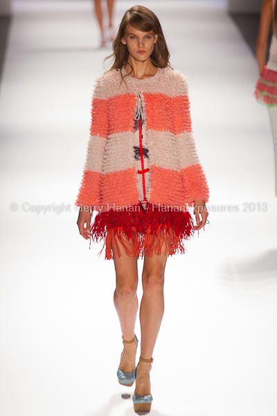 A model on the runway at the Custo Barcelona SS2013 show at New York Mercedes-Benz Fashion Week.