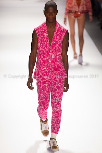 A model on the runway at the Custo Barcelona SS2013 show at New York Mercedes-Benz Fashion Week.