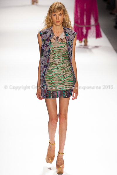 A model on the runway at the Custo Barcelona SS2013 show at New York Mercedes-Benz Fashion Week.