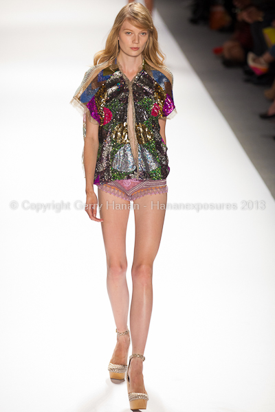 A model on the runway at the Custo Barcelona SS2013 show at New York Mercedes-Benz Fashion Week.