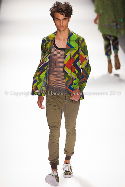 A model on the runway at the Custo Barcelona SS2013 show at New York Mercedes-Benz Fashion Week.