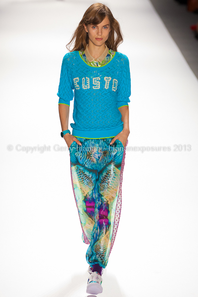 A model on the runway at the Custo Barcelona SS2013 show at New York Mercedes-Benz Fashion Week.