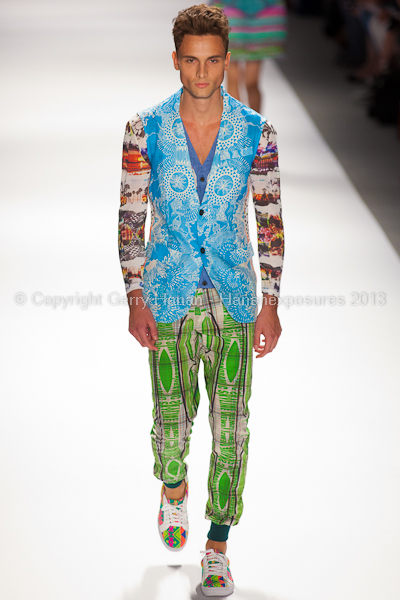 A model on the runway at the Custo Barcelona SS2013 show at New York Mercedes-Benz Fashion Week.