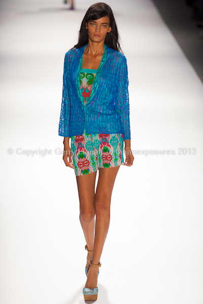 A model on the runway at the Custo Barcelona SS2013 show at New York Mercedes-Benz Fashion Week.