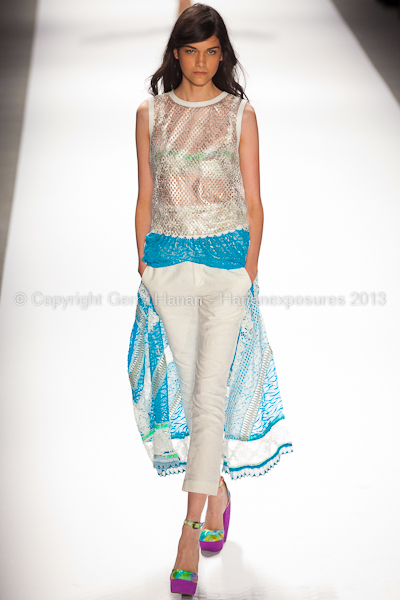 A model on the runway at the Custo Barcelona SS2013 show at New York Mercedes-Benz Fashion Week.