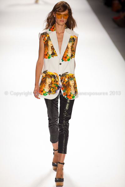 A model on the runway at the Custo Barcelona SS2013 show at New York Mercedes-Benz Fashion Week.