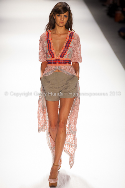 A model on the runway at the Custo Barcelona SS2013 show at New York Mercedes-Benz Fashion Week.