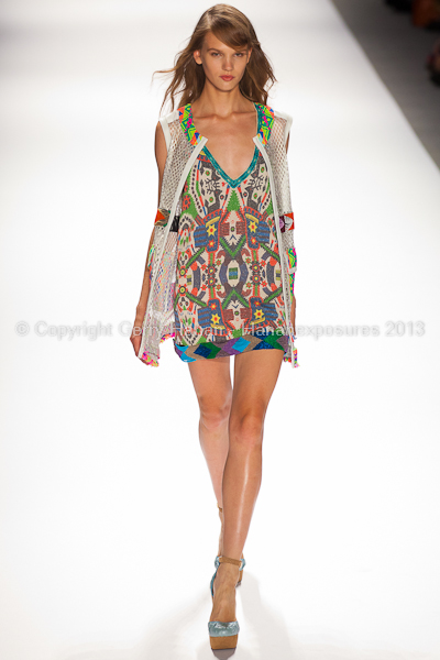 A model on the runway at the Custo Barcelona SS2013 show at New York Mercedes-Benz Fashion Week.