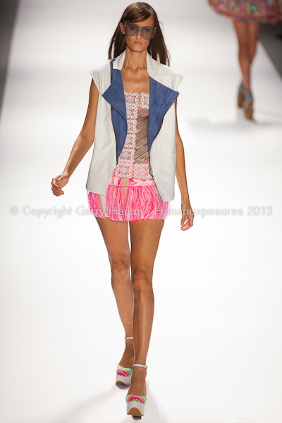 A model on the runway at the Custo Barcelona SS2013 show at New York Mercedes-Benz Fashion Week.