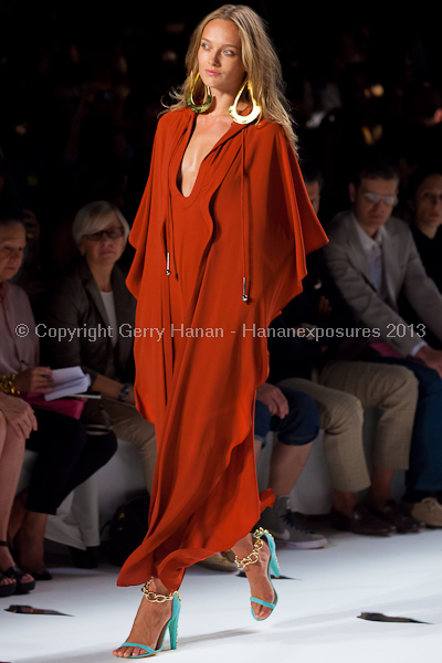 A model on the runway at the Diane Von Furstenberg SS2013 show at New York Mercedes-Benz Fashion Week.