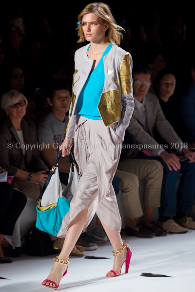 A model on the runway at the Diane Von Furstenberg SS2013 show at New York Mercedes-Benz Fashion Week.