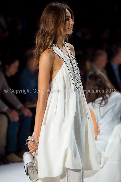 A model on the runway at the Diane Von Furstenberg SS2013 show at New York Mercedes-Benz Fashion Week.