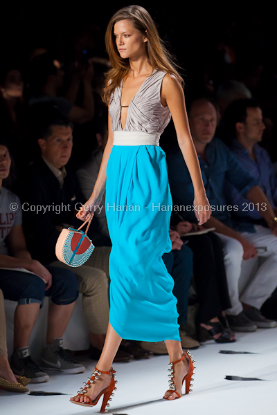 A model on the runway at the Diane Von Furstenberg SS2013 show at New York Mercedes-Benz Fashion Week.