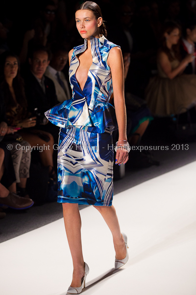 A model on the runway at the Falguni Shane Peacock SS2013 show at New York Mercedes-Benz Fashion Week.