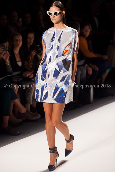 A model on the runway at the Falguni Shane Peacock SS2013 show at New York Mercedes-Benz Fashion Week.