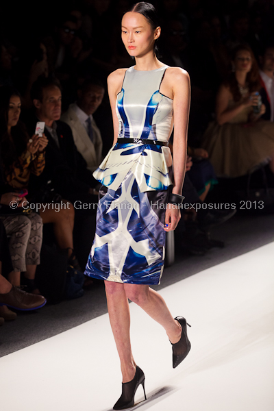 A model on the runway at the Falguni Shane Peacock SS2013 show at New York Mercedes-Benz Fashion Week.