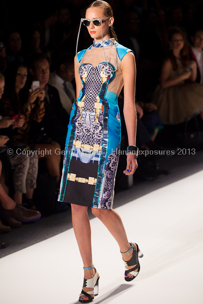 A model on the runway at the Falguni Shane Peacock SS2013 show at New York Mercedes-Benz Fashion Week.