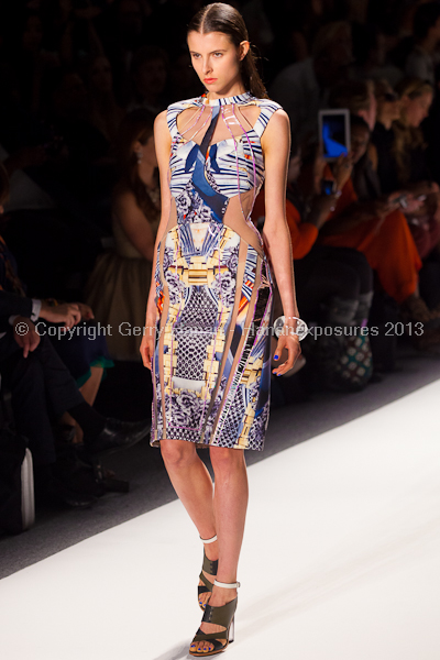 A model on the runway at the Falguni Shane Peacock SS2013 show at New York Mercedes-Benz Fashion Week.