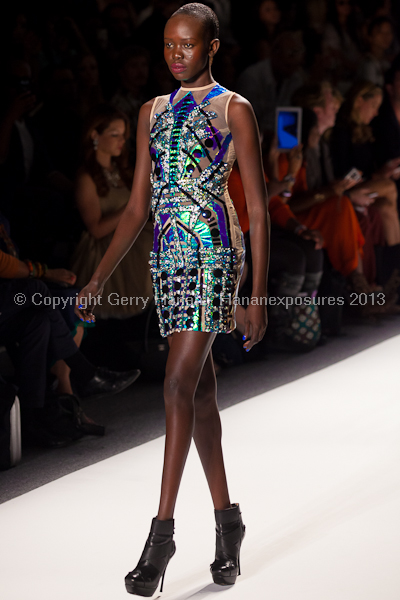 A model on the runway at the Falguni Shane Peacock SS2013 show at New York Mercedes-Benz Fashion Week.