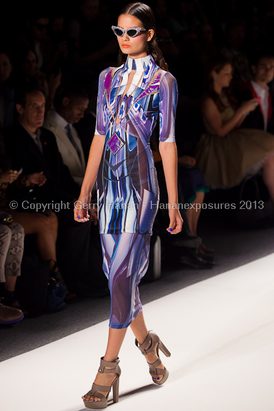 A model on the runway at the Falguni Shane Peacock SS2013 show at New York Mercedes-Benz Fashion Week.