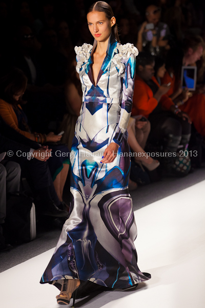 A model on the runway at the Falguni Shane Peacock SS2013 show at New York Mercedes-Benz Fashion Week.