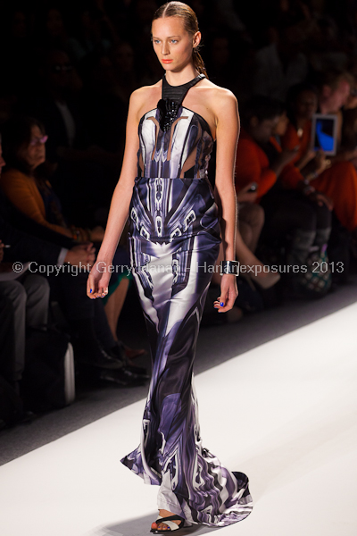 A model on the runway at the Falguni Shane Peacock SS2013 show at New York Mercedes-Benz Fashion Week.