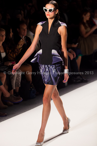 A model on the runway at the Falguni Shane Peacock SS2013 show at New York Mercedes-Benz Fashion Week.